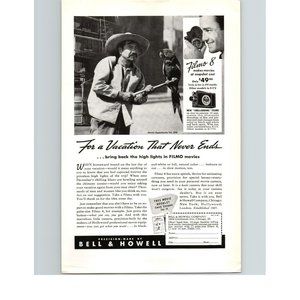 1940 Bell & Howell Filmo 8mm Color Movie Camera Vintage Print Ad Parrot #398